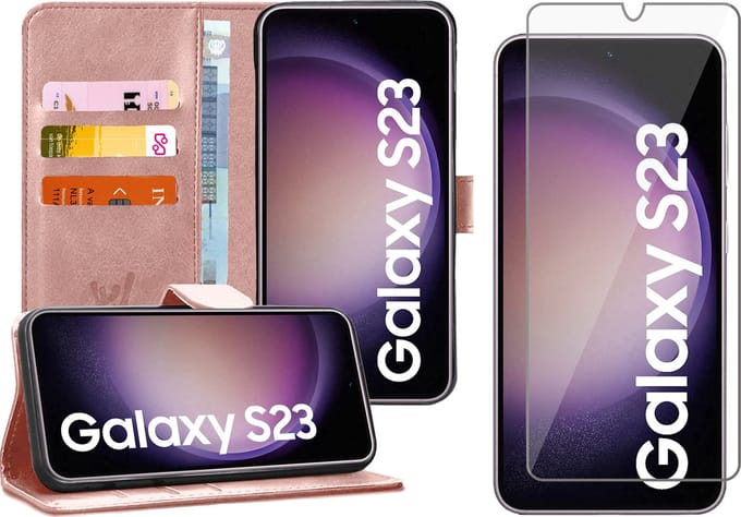 Hoesje geschikt voor Samsung Galaxy S23 - Screen Protector GlassGuard - Book Case Kunstleer Pasjeshouder Roségoud & Screenprotector