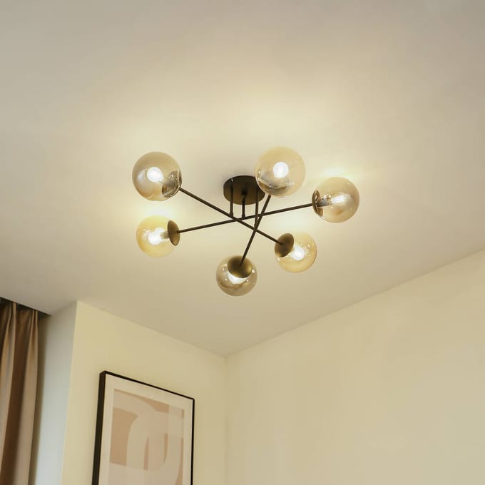 Lindby - plafondlamp - 6lichts - Ijzer, glas - H: 28 cm - E14 - zwart, rookgrijs