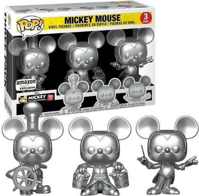 Funko Pop! Disney - Mickey Mouse (Steamboat WIllie / Apprentice / Conductor) Silver 3-Pack Amazon Exclusive