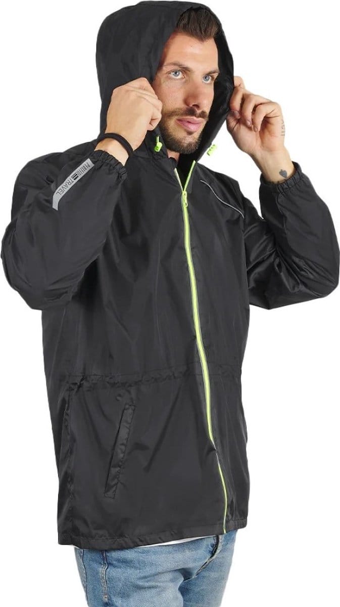 Zwart met neon gele bies regenjas Windbreaker van Perletti M