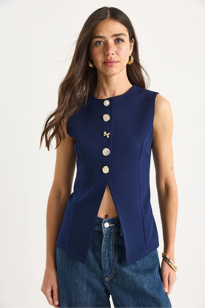 Aansluitende Mouwloze Blazer met Knopen en Ronde Hals
