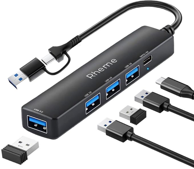 USB Hub - 5 in 1 - USB 3.0 & 2.0 – USB-C Adapter - USB Splitter - Geschikt voor Laptop, MacBook, iPad, Android & Windows - Aluminium Behuizing - Rheme