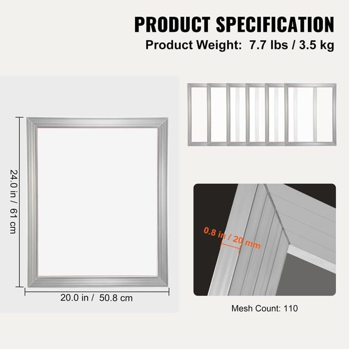 Kit d'impression sérigraphique Cadre de sérigraphie 20x24 pouces Maille 110 Count 6 pièces