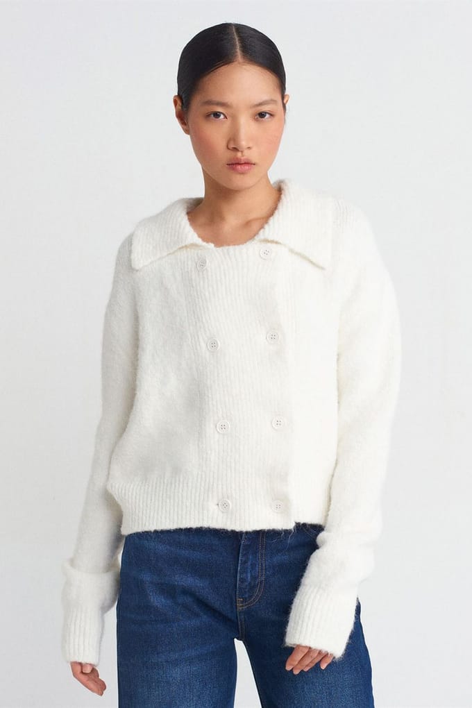 Geribde Polo-kraag Knop Cardigan