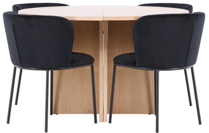 Strada eethoek uittrekbare tafel Ø120cm, 170cm en 4 stoelen whitewash, zwart.