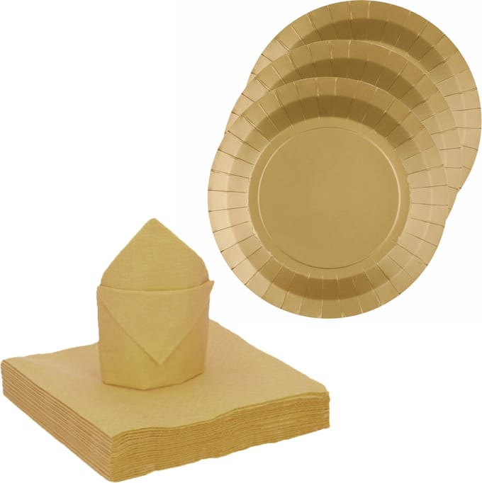 Santex feest/verjaardag servies set - 20x gebaksbordjes/25x servetten - goud - karton