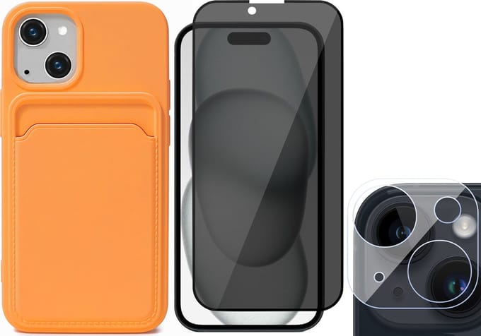 Hoesje Pasjeshouder geschikt voor iPhone 15 Plus - Privacy Screenprotector FullGuard + Camera Lens Screen Protector - Siliconen Case Back Cover Oranje