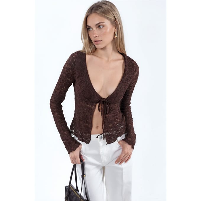 Dameskant geweven jacket met striksluiting