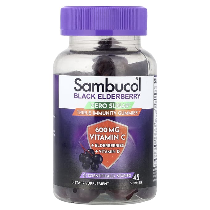 Sambucol, Zwarte Vlierbes, Suikervrij, Drievoudige Immuniteit Gummies, 45 Gummies