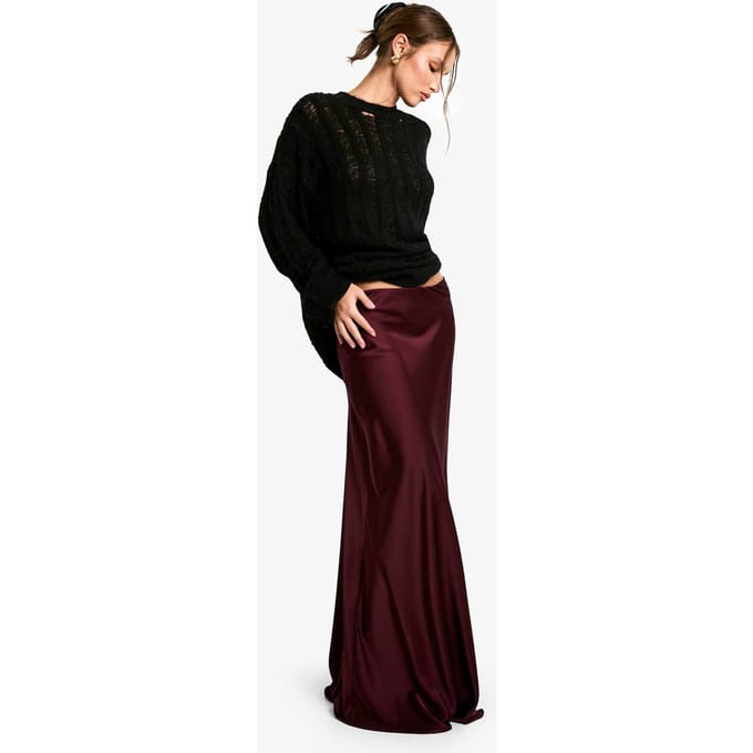 boohoo Dames Satijn Slip Maxi Rok | Bordeaux Rood | Maat: 34