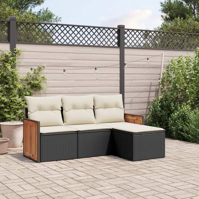 vidaXL - 4-delige - Loungeset - met - kussens - poly - rattan - zwart