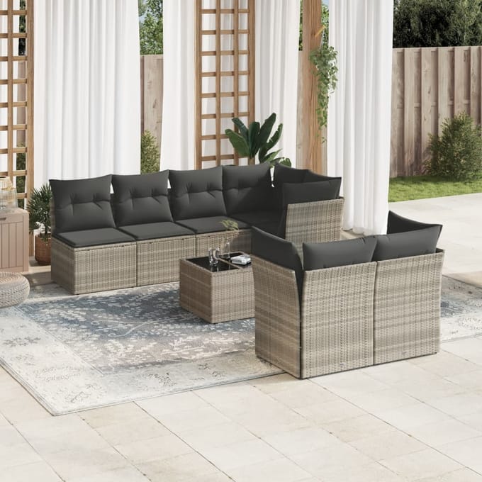 vidaXL - 8-delige - Loungeset - met - kussens - poly - rattan - lichtgrijs