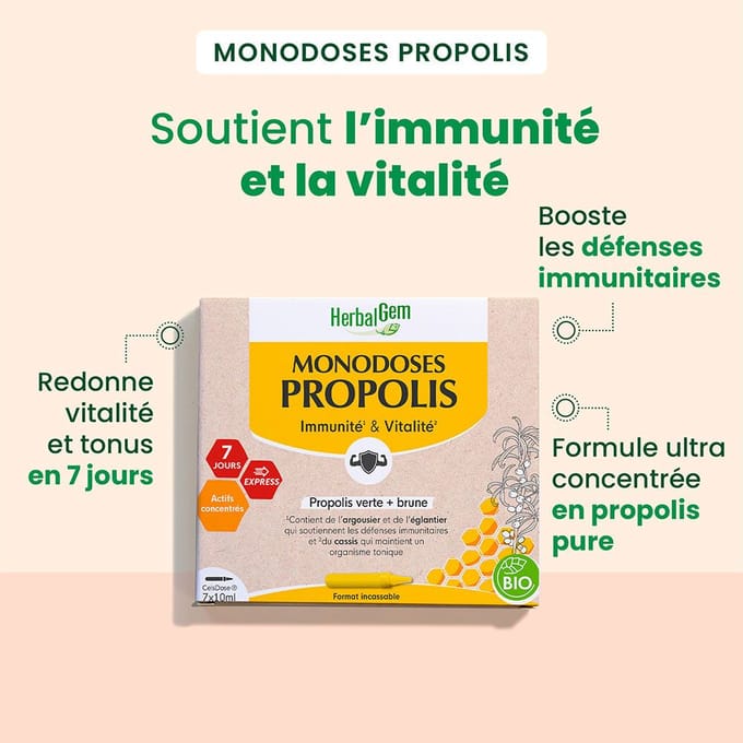 HerbalGem Propolis Monodoses Bio | Immuunsysteem & Vitaliteit 7x10 Ampoules