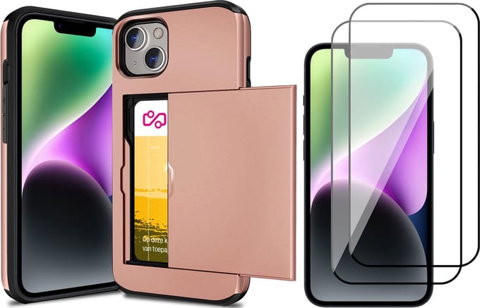 Hoesje met Pasjeshouder geschikt voor iPhone 15 Plus - 2x Screen Protector FullGuard - Back Cover SlideCase Roségoud & Screenprotector