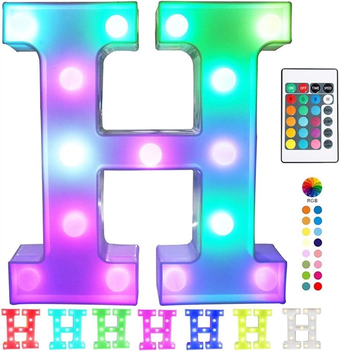 Lichtgevende Letter H - 22 cm Hoog - RGB Met Afstandsbediening - Op Batterijen