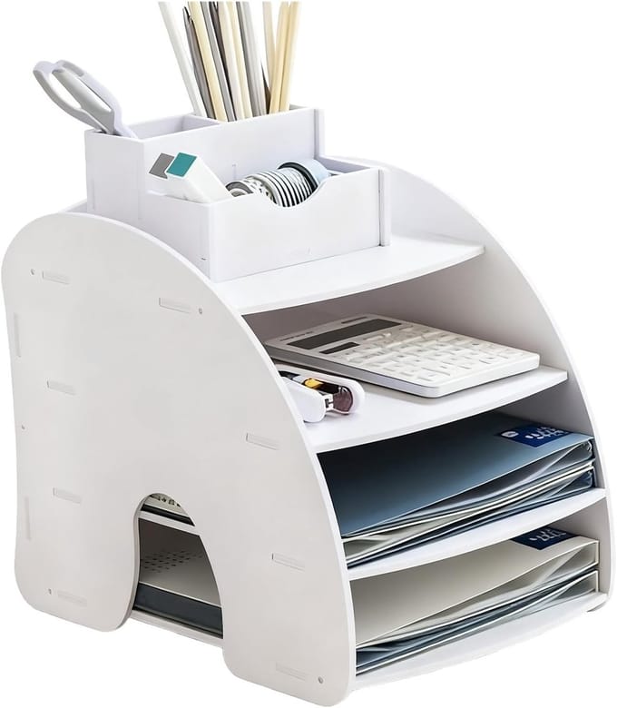Ruimtebesparende Desk Organizer met Grote Capaciteit voor A4-papier, Pennen en Documenten - Wit
