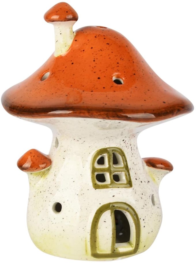 Dekoratief | Paddenstoelhuisje, rood/wit, dolomiet, LED, 10x10x12cm | A255371