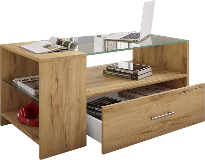 Tindala salontafel met glazen blad, 1 lade, 3 plankenHoning eiken decor.