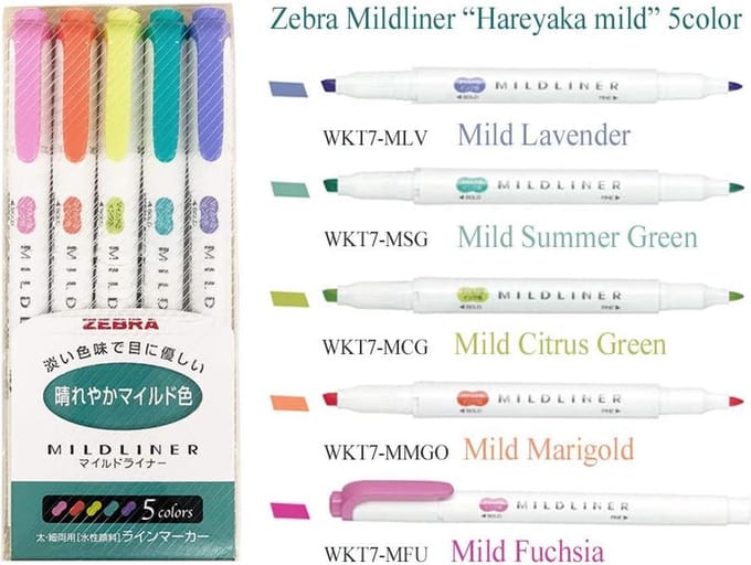 Zebra mildliner set: Sprankelend - Dubbele stift - 5 stuks - Bullet journal - Stift