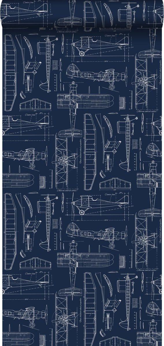 ESTAhome behang constructietekeningen van vliegtuigen donkerblauw - 53 cm x 10.05 m - 128810