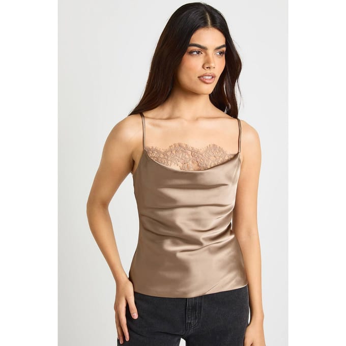 boohoo Dames Satijn Kant Cowl Cami | Mocha | Maat: 10
