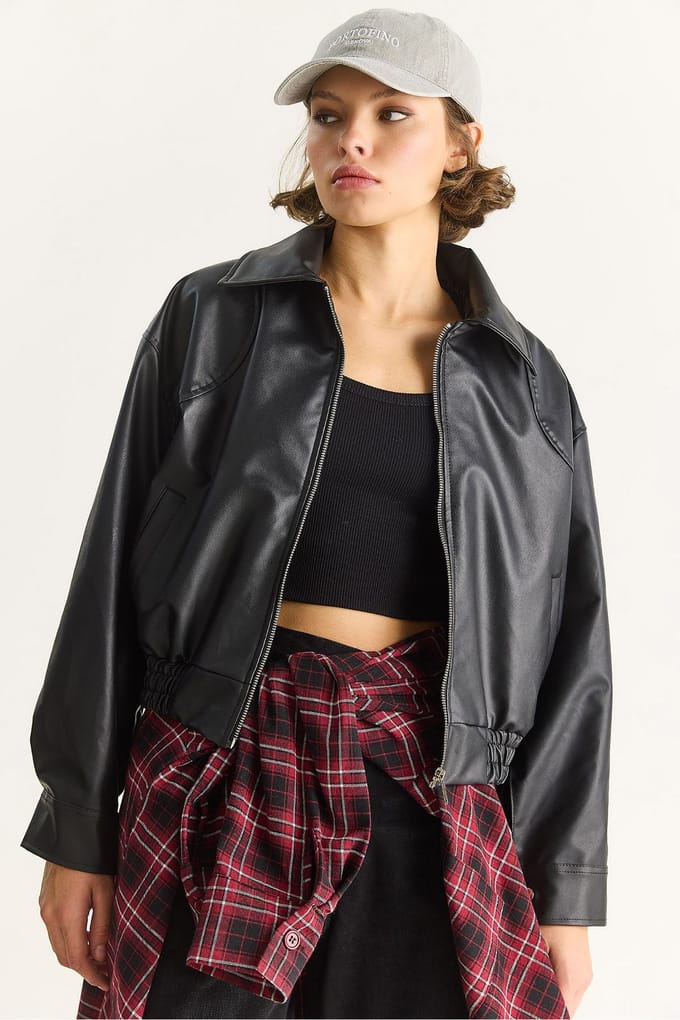Kunstlederen Relaxed Fit Jacket met Rits en Zakjes