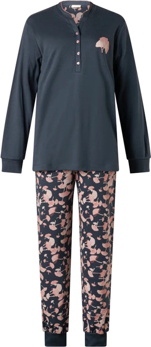 Lunatex dames pyjama interlock - maat M - Herfst bloem uni - marine