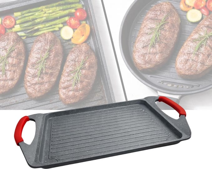 Grillplaat Inductie - Bakplaat - Gietijzer -Grijs met rood