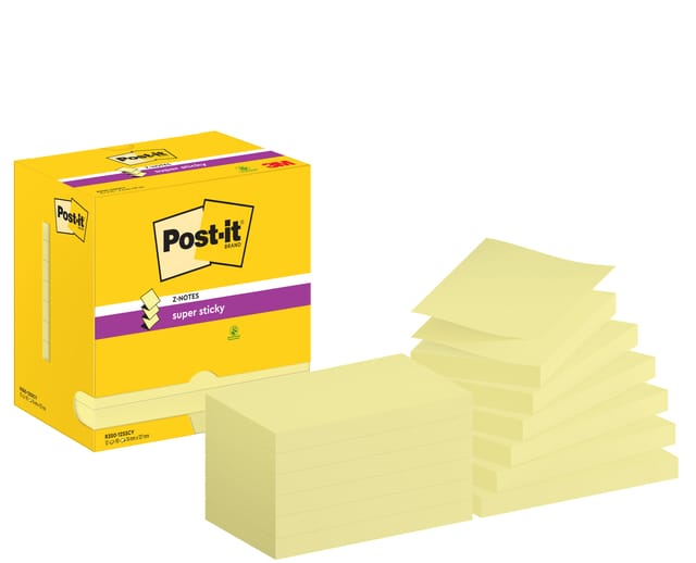 Post-It Super Sticky Z-Notes | 90 vel | ft 76 x 127 mm | geel | pak van 12 blokken