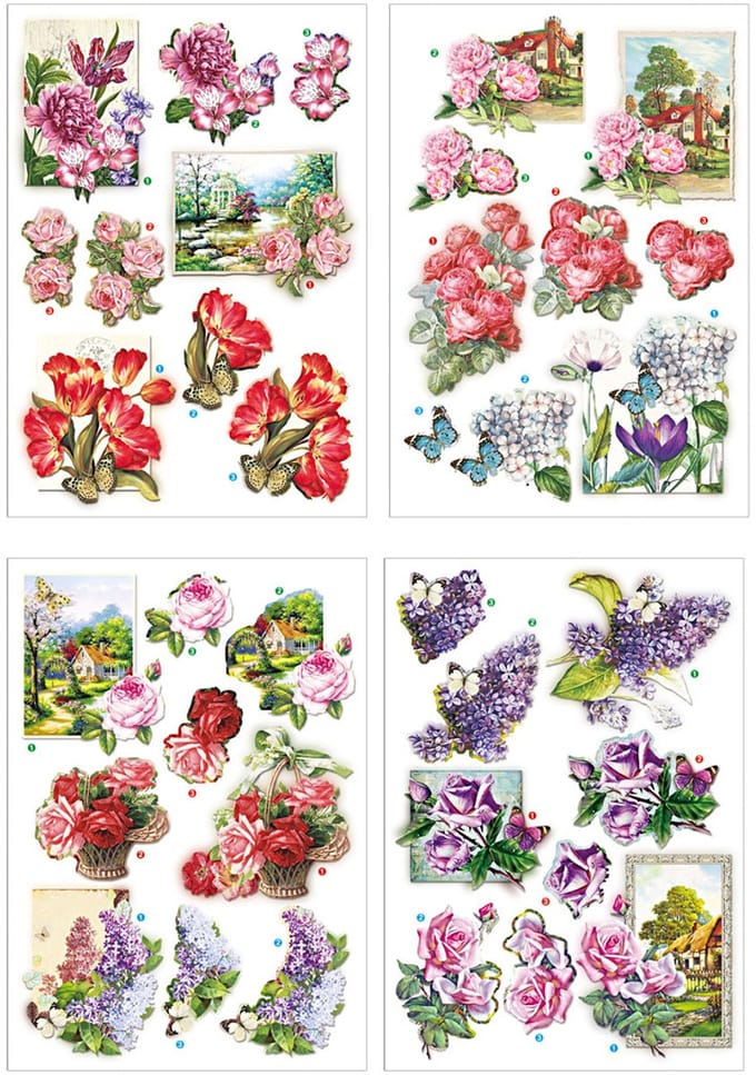 3D vellen, bloemen en vlinders, vel 21x30 cm, 4 vel/ 1 doos