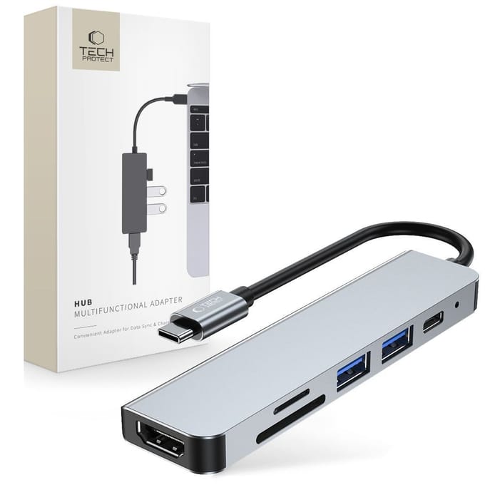 Tech-Protect V4 6in1 USB-C - USB-A 3.0 / USB-A 2.0 / USB-C / HDMI / micro SD / TF / SD card reader - gray USB hub - 6 - USB 2.0 - Grijs
