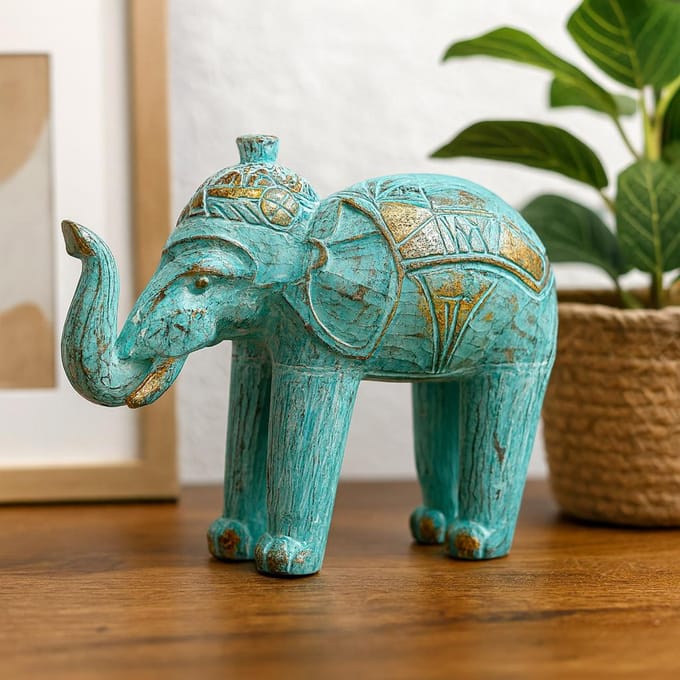 Hout Gesneden Olifant Beeld - Turquoise & Goud - Handgemaakt - 8x27x24cm