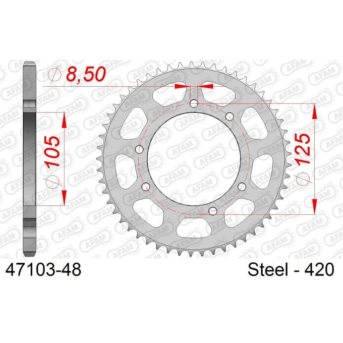 Stalen motortandwiel achteraan Afam 420 48 dents