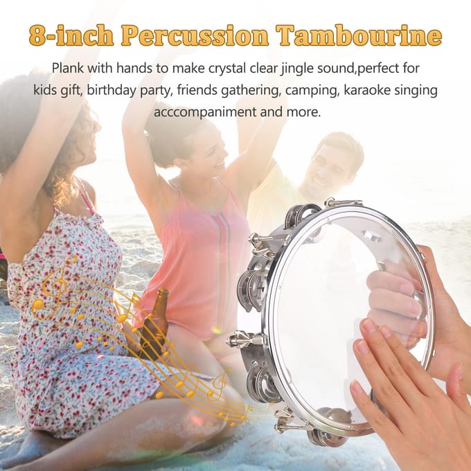 8 inch Tamboerijn Handbel Handtrommel met Dubbele Rij Rinkelbellen Muzikaal Slaginstrument 8-inch zilver