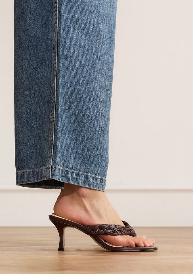 Manfield - Dames - Bruine gevlochten hak slippers - Maat 36