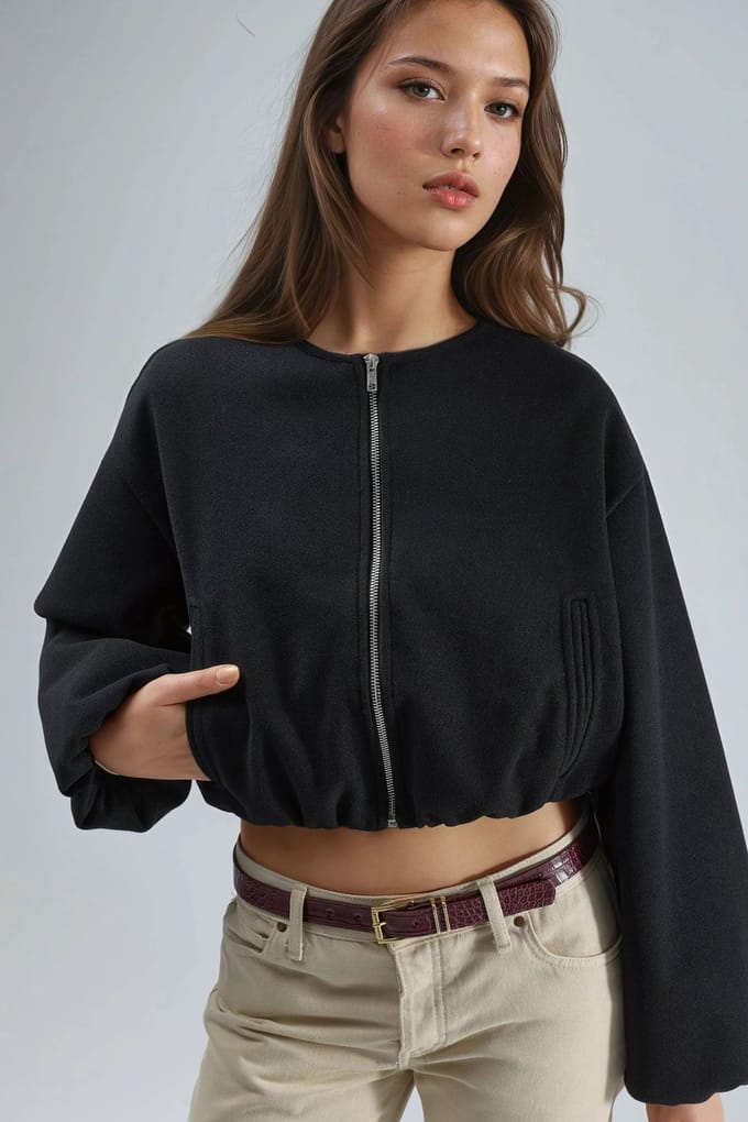 Korte Gabardine Jacket met Rits en Zak