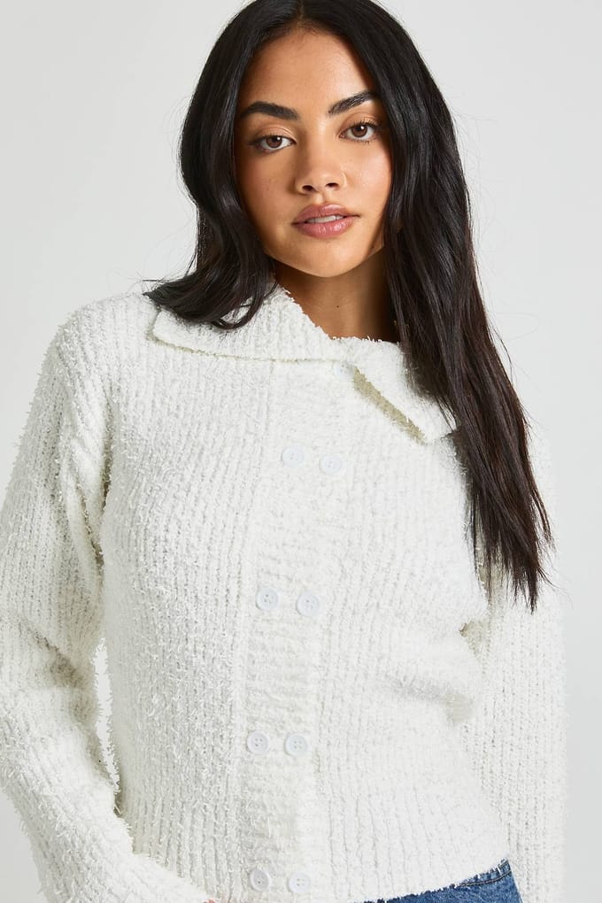 boohoo Dames Getextureerde gebreide cardigan met kraag en knoopsluiting | Cream | Maat: Medium