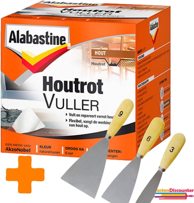 Alabastine Houtrotvuller 500 g - 2 Componenten + Plamuurmes Set 3-Delig (3cm, 6cm, 9 cm)