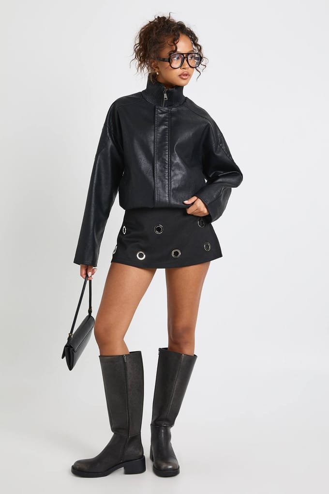 boohoo Dames Chunky Mini Skort met oogjesdetails | Zwart | Maat: 36