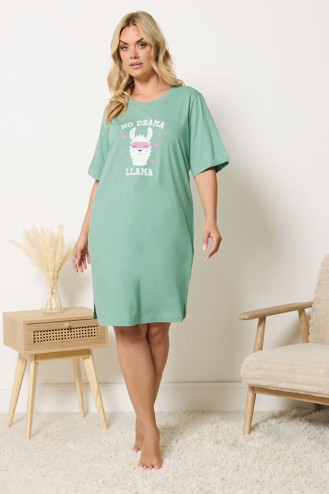 Yours Groen Llama Nachthemd Met Split Aan De Zijkant Size 58-60