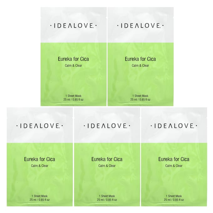 Idealove, Eureka For Cica, 5 beauty sheet masks, 25 ml (0.85 fl oz) each green