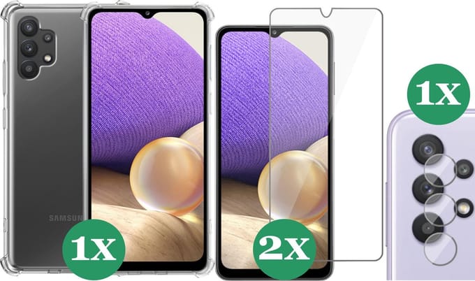 Hoesje geschikt voor Samsung Galaxy A32 5G - 2x Screenprotector Glas & 1x Camera Screen Protector - Transparant Shock Case