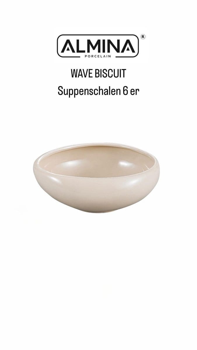 Almina Wave Biscuit Soepkommen – 6 Stuks – Ø 15 cm – Porselein – Beige – Modern & Elegant Design
