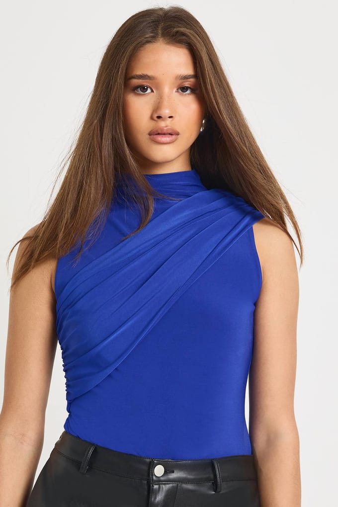 boohoo Dames Hoge Hals Wikkel Mouw Bodysuit | Cobalt | Maat: 8