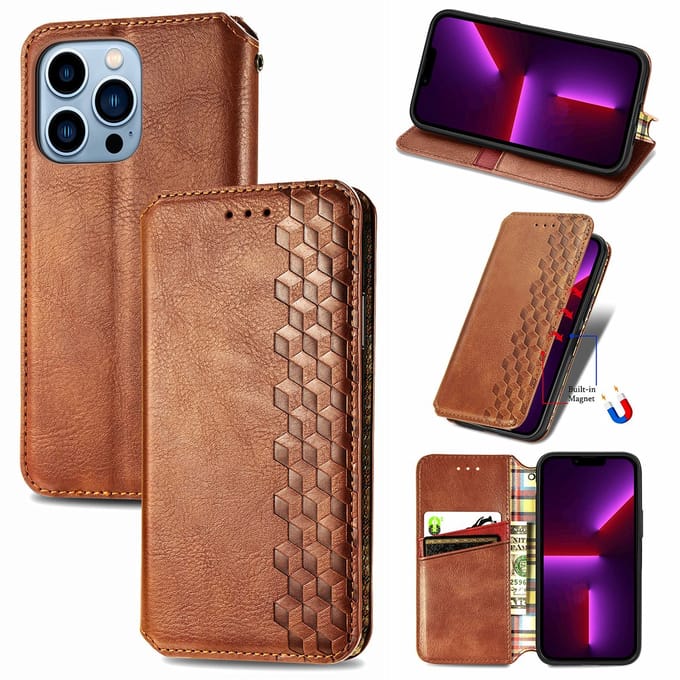 Luxe PU Lederen Ruitpatroon Wallet Case + PMMA Screenprotector voor iPhone 13 Pro _ Bruin