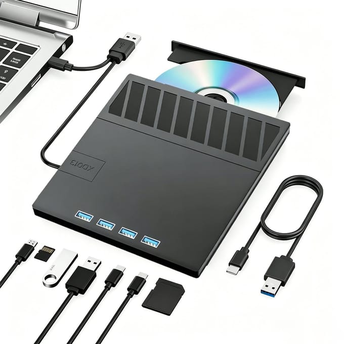 Fokelyi - 7-in-1 Externe DVD/CD Speler & Brander - USB 3.0 & USB-C - Multifunctioneel met USB-hub en SD-kaartlezer - Draagbaar - Plug & Play - Voor Windows, MacOS & Linux