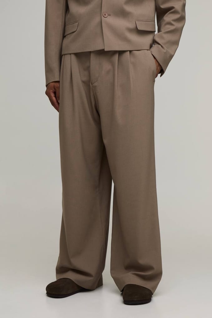 Pantalon De Costume Large À Plis Sur Le Devant Coupe Ajustée | Taupe | Size 30