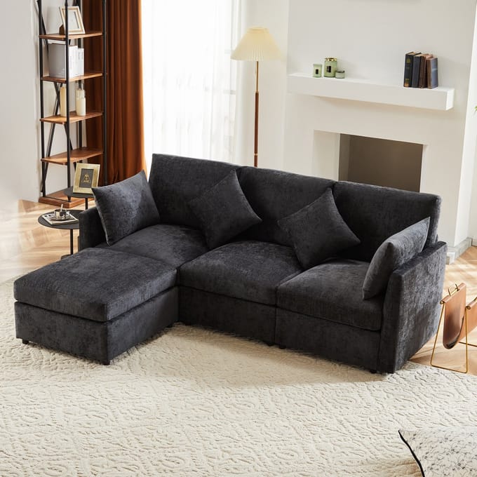 STILVORA Sofa - Modern Chenille Hoekbank - L-vormig met Hocker - Voor Woonkamer - Grijs