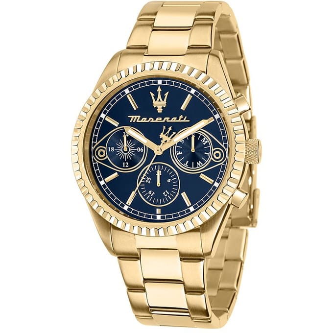 Maserati Competizione Goudkleurig Roestvrij Staal Blauwe Multifunctie Wijzerplaat Quartz R8853100026 100M Herenhorloge zwart