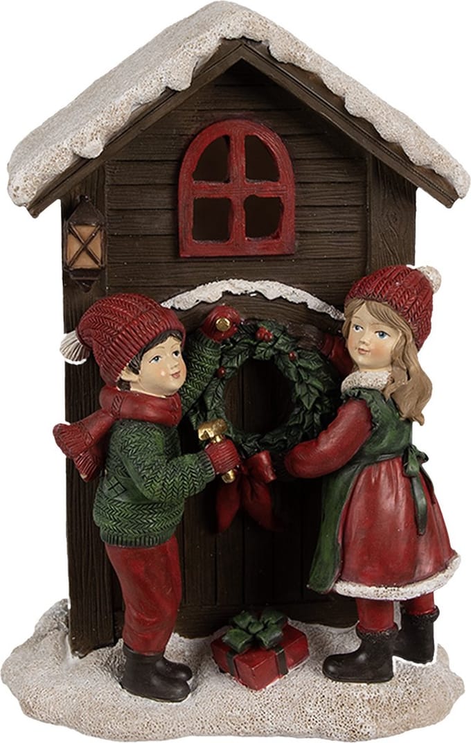 Clayre & Eef Kerstdecoratie met LED-verlichting Huis 13x10x20 cm Bruin Polyresin